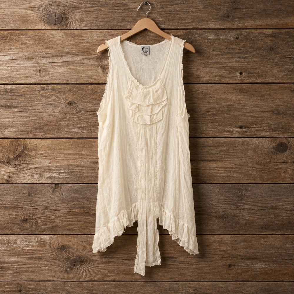 Jaded Gypsy Endless Waves Tank Cream Cotton Ruffle Raw Edge Layering Top OS